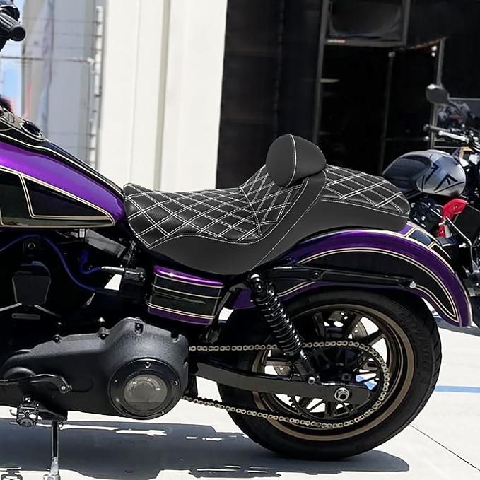 Motorcycles Driver Passenger Seat Cushion Pad One-Piece Seat Leather Pillion with Driver Backrest Fit for Harley Low Rider FXLR FXLRS Sport Glide FLSB 2018-Up (White Stitching)