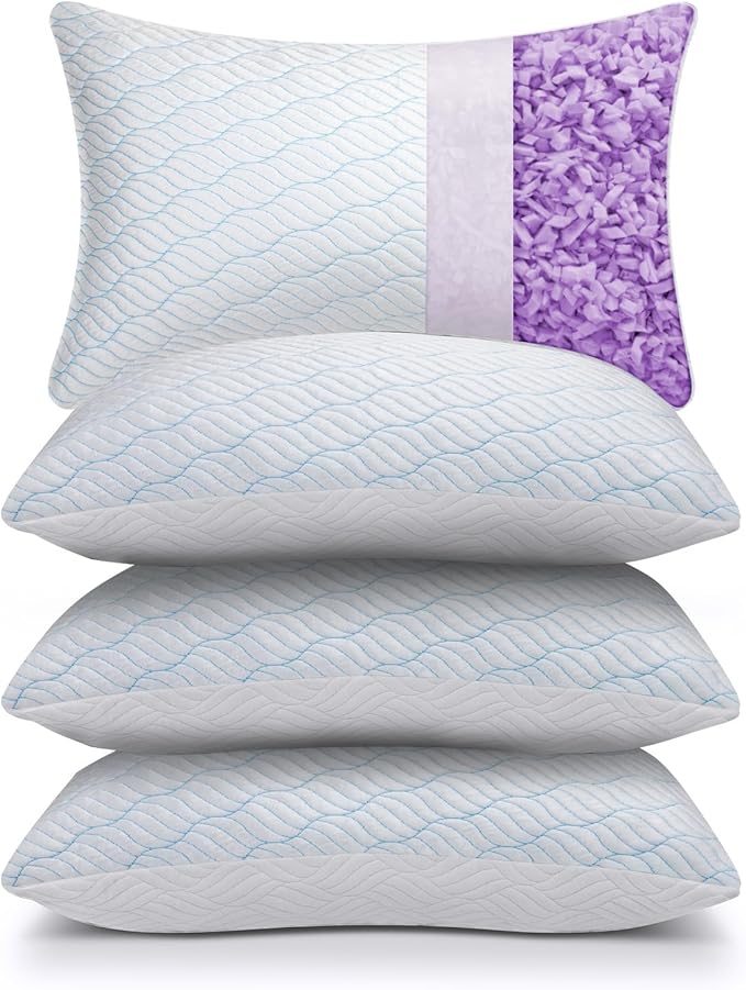 WISHSMILE Cooling Pillows Standard Size Set of 4, Shredded Memory Foam Pillows with Zipper, Adjustable Firm for Sleeping Cool Cold Pillow for Hot, Side Sleepers,20x26,4 Pack