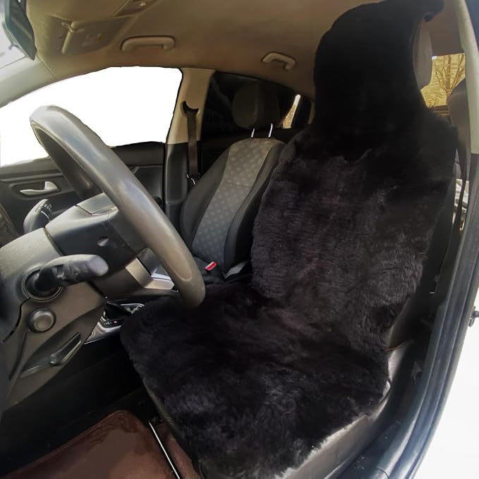 Genuine Fluffy Sheepskin car seat Covers, Black Merino Wool seat Cover for Front seat of SUV Truck Sedan Minivan
