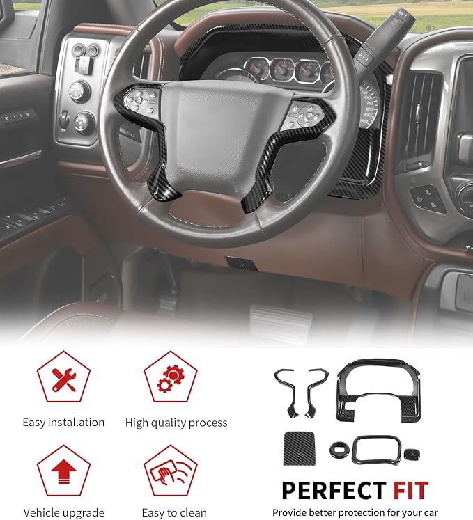 JWWY Interior Kit fit for 2014-2017 Chevrolet Chevy Silverado & GMC Sierra, Center Console Dashboard Start Switch Cover Trim Accessories Carbon Fiber 7PCS