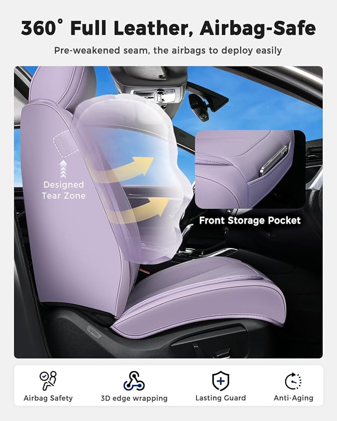 Huidasource Purple Seat Covers Luxury Nappa Leather, Car Seat Covers with Velcro Adjustable, Airbag, Lumbar Support, Cooling＆Heating, SUV seat Covers Universal Fit for Most Cars SUV Trucks, Purple