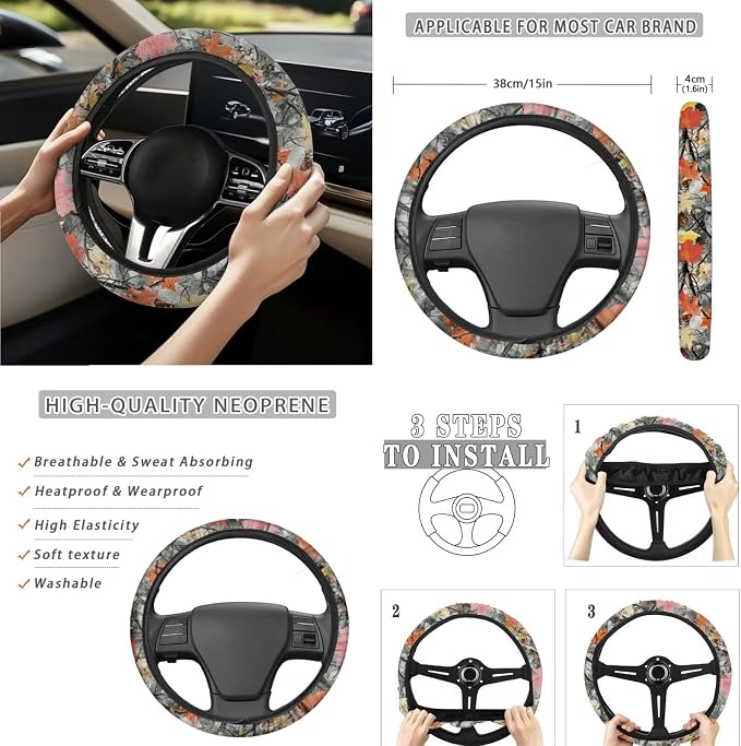 Camo Maple Leaf 15Pcs Car Seat Cover Full Set Car Steering Wheel Cover Seat Belt Cover Trash Bin Front Rear View Mirror Car Cup Holder Keychain