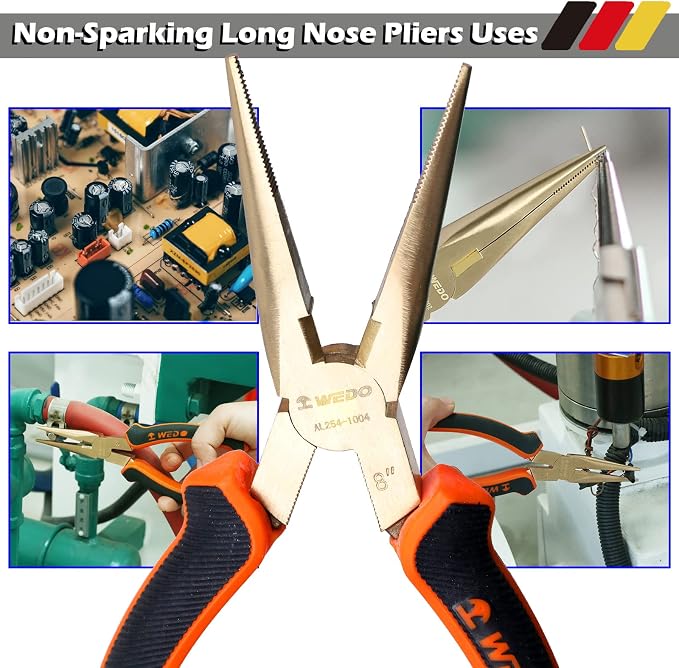 WEDO Non-Sparking Needle Nose Pliers 8", Precision Long Nose Pliers, Snipe Nose Pliers with Wire Cutters, DIN Standard, BAM & FM Certificate, Aluminum Bronze