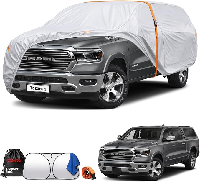 Car Cover Waterproof All-Weather,Heavy-Duty Outdoor Full Exterior Automobiles Snow Cover for Truck Cover with Camper Shell Topper 229-242 inch,with Windshield Sun Shade,Towel&Storage Bag