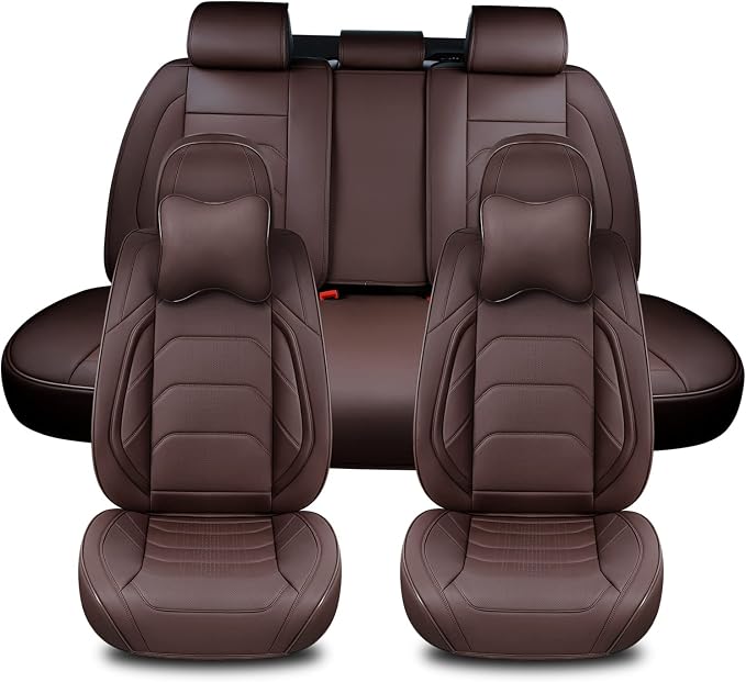 TIEHESYT Brown Car Seat Covers Full Set, Breathable Leather Automotive Front and Rear Seat Covers & Headrest for Reduce The Driving Fatigue, Compatible with Most Vehicles, Cars