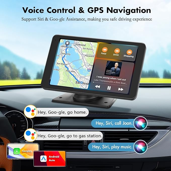 Carplay Screen for Car, 7" HD Wireless Apple CarPlay & Android Auto, Portable Car Stereo Touchscreen with Bluetooth, Mirror Link, Voice Control, Backup Camera, GPS Navigation, AUX, Fits All Vehicles