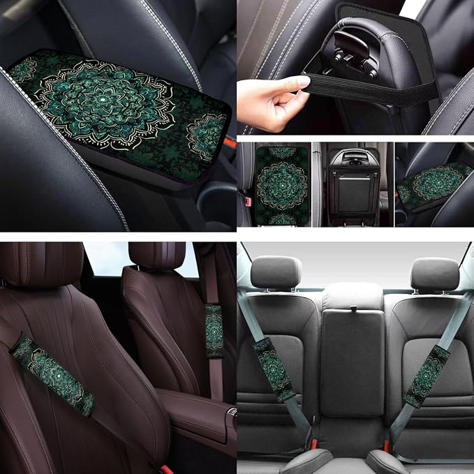 Green Mandala 12 Pack Car Seat Covers Full Set Steering Wheel Cover Seat Belt Cover Keychain Holder Armrest Cushion Protector Universal Fit Most Vehicles Cars SUV