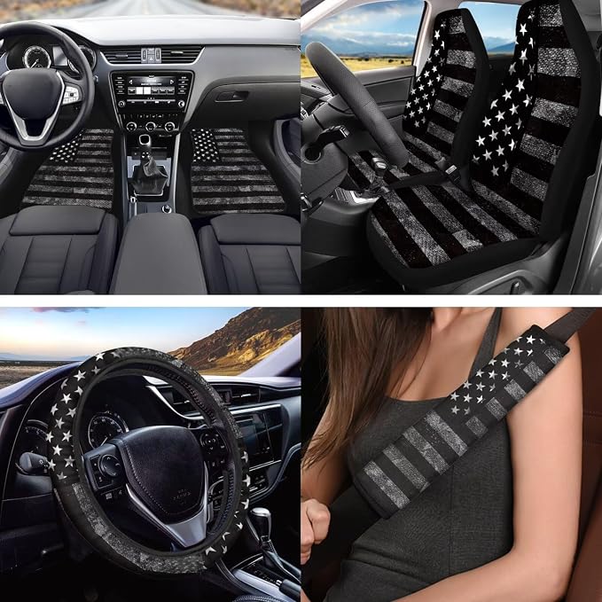 Gray American Flag Car Seat Covers Full Set Floor Mats Steering Wheel Cover Shoulder Pads Armrest Pad Roof Gloves Cup Coaster Keychain Automtovie Interior Accessories Set of 18