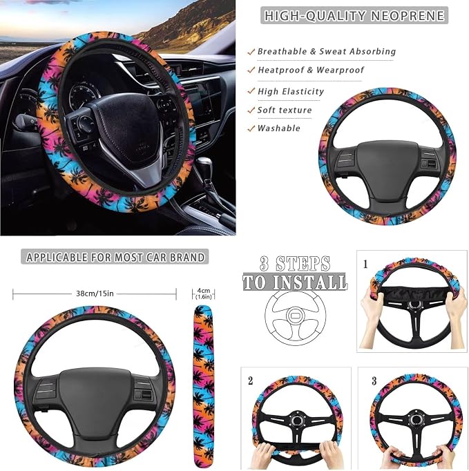 Coconut Tree Print 14Pcs Full Set Car Seat Covers with Accessories, High Back Car Front and Rear Seat Covers with Steering Wheel Cover Center Console Pad and Safety Belt Pads, etc