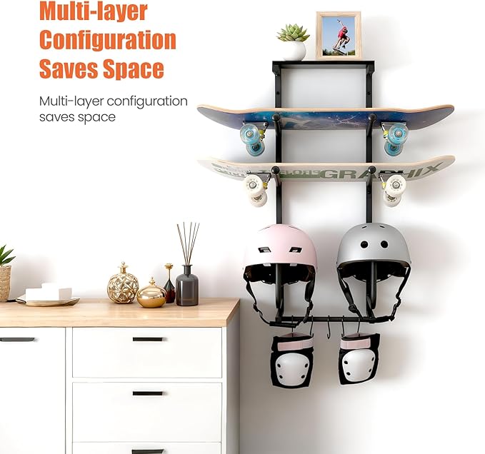 Skateboard Wall Mount Rack — Horizontal Multi-Board Display Shelf & Hanger, Longboard Deck Cruiser Holder, Wooden Helmet Stands & Accessories Hooks, Home Garage Wall Storage Organizer (Black)