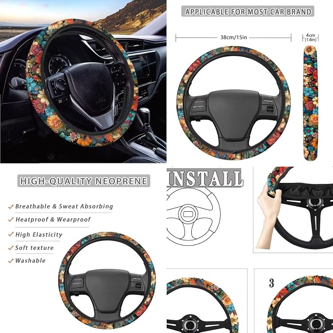 Skeleton Flower Print Auto Seat Covers Non Slip Steering Wheel Cover Seatbelt Pads Universal Fit for Cars Trucks SUVs Breathable Car Seat Cover Full Set, Black and Orange