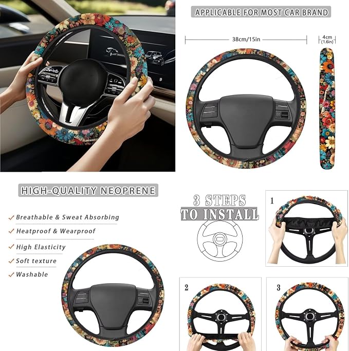 Moon Skeleton 15Pcs Car Seat Cover Full Set Car Steering Wheel Cover Seat Belt Cover Trash Bin Front Rear View Mirror Car Cup Holder Keychain