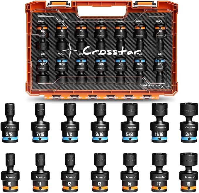 Crosstar 14 Pieces 3/8"Drive Swivel Socket Set,Impact Rated Universal Joint,CR-MO Steel,Metric and SAE Wobble Socket,6-Point Shallow Socket with Transparent Case,Flexible 360°Rotation for Tight Spaces