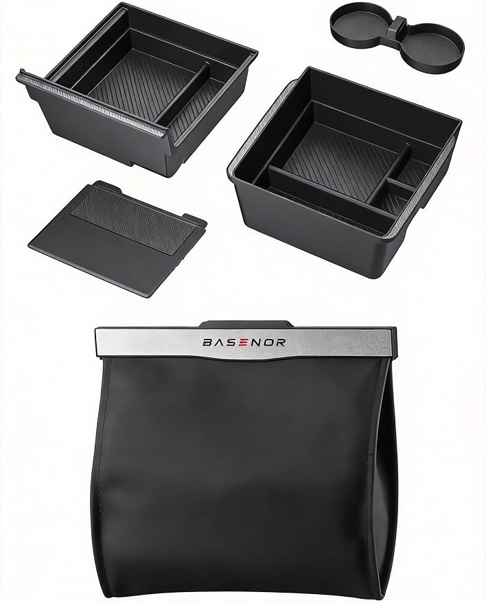 BASENOR 2026-2024 Tesla Model Y Model 3 Center Console Organizer and Tesla Trash Can