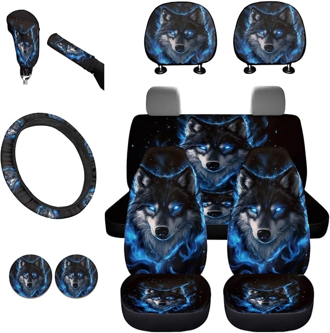 KEIAHUAN Blue Wolf Car Seat Cover Full Set for Men Includes Front and Back Seats Covers Handbrake and Gear Shift Knob Cover Car Headrest Steering Wheel Cover Cup Holder 11 Pcs