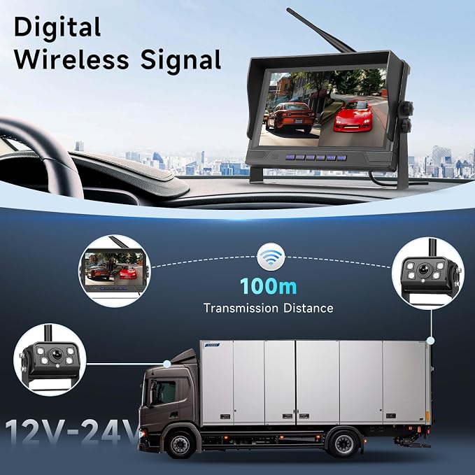 9-Inch Wireless Backup Camera for Truck- 4 Channel Split Screen Monitor with IR Night Vision, Blind Spot Warning, IP 68 Waterproof, Loop Recording, 2 Backup Camera for Trailer, RV, Pickup, Cars