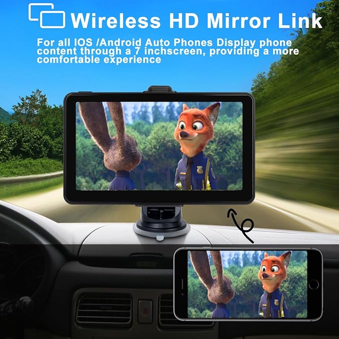 7" HD Apple CarPlay & Android Auto Screen for Car | Portable Touchscreen Screen Naivgation Car Stereo, with CarPlay Bluetooth, Mirror Link, Siri, Hands-Free Calling, AirPlay, FM/AUX & Voice Assistant