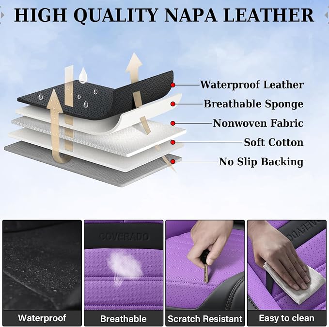 Coverado Waterproof Nappa Leather Car Seat Covers, Automotive Seat Covers，Front Car Seat Cushion & Car Seat Protector, Seat Covers Universal Fit for Most Cars, SUVs,Trucks,Black&Purpe