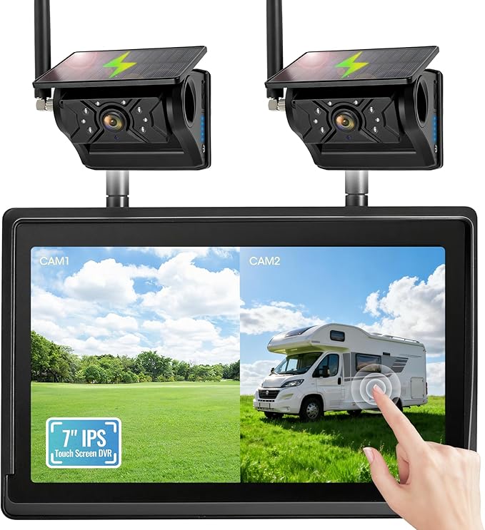 2 Magnetic Solar Wireless Backup Camera System, 7" IPS Touchscreen with DVR, Dual Rechargeable IR Night Vision Rear View Cameras, Zero Wiring for Hitching Trailers/Fifth Wheels/Campers, AH7-2