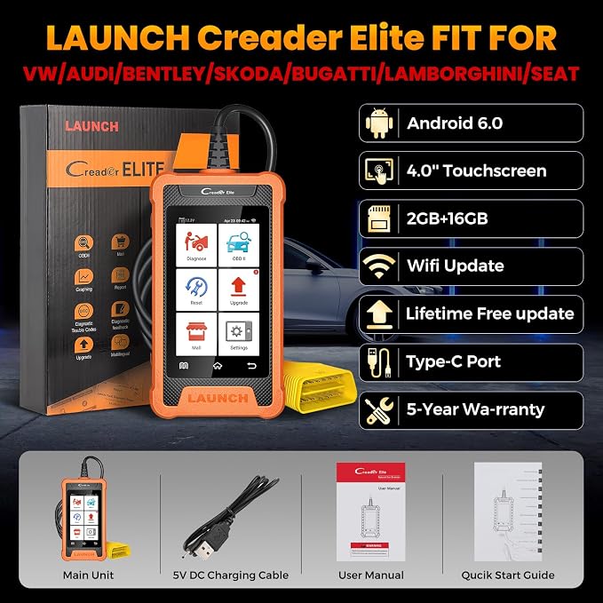 LAUNCH Creader Elite OBD2 Scanner Diagnostic Tool Fit for Audi Volkswagen Skoda Seat,Full System All Reset Bi-Directional Code Reader for VAG Vehicles,Active Test, ECU Code,Lifetime Update