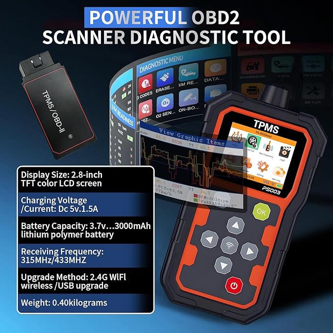 TPMS Diagnostic Programmer- Professional Tire Pressure Sensor Tool with WiFi Upgrade, OBD Diagnosis, Sensor Activation/Programming/Learning, Key Frequency Detection, 2.8-Inch Color LCD