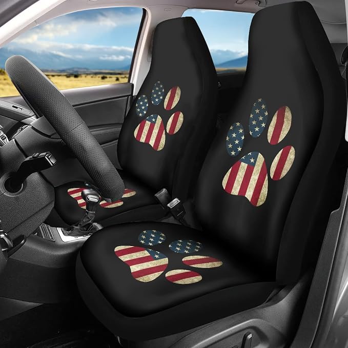 Howilath American Flag Dog Paw Printed Car Front Seat Cover Accessories 10pcs Center Console Cover and Flower Steering Wheel Covers for Women Men