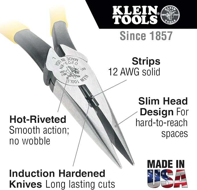 Klein Tools D213-9NE-CR Lineman's Crimping Pliers & D203-8 Needle Nose Pliers, Long Nose Side Cutters, Alligator Pliers with Extended Handles, 8-Inch
