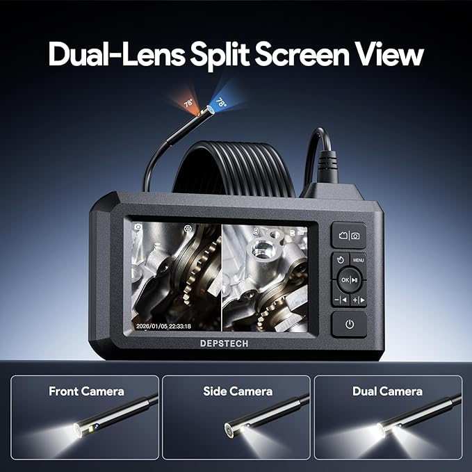 DEPSTECH Dual Lens Industrial Endoscope, 1080P Digital Borescope Inspection Camera, 7.9mm IP67 Waterproof Sewer Camera with 4.3" LCD Screen, 7 LED Lights, 16.5FT Semi-Rigid Cable, 32GB Card-Black