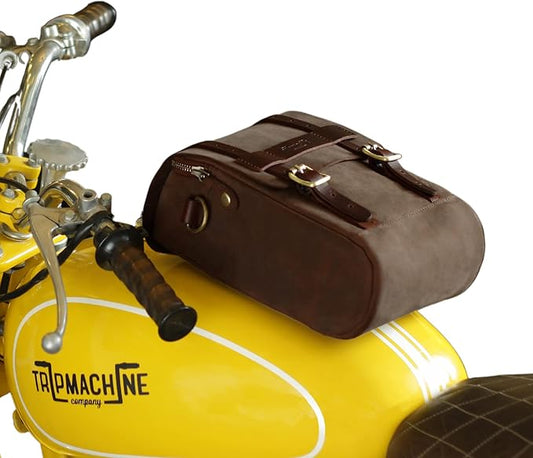 Trip Machine Company Genuine Leather Motorcycle Magnetic Fuel Tank & Tail Pillion Seat Mount Bag with Shoulder Strap and Rain Cover (Brown)