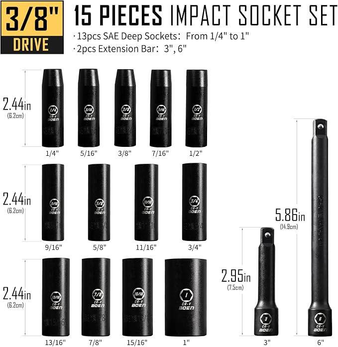 BOEN 31 Piece 3/8" Drive Impact Socket Set | SAE 1/4" to 1"| Metric 7 to 22mm | Includes 3", 6" Extension Bars, 6 Point Design, Cr-V Steel, Heavy Duty Storage Case