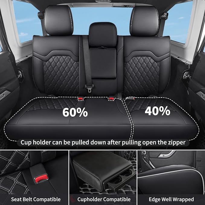 Huidasource Seat Covers for Jeep Wrangler JL 2018-2026, Cupholder Compatible, Waterproof Leather Seat Cover Full Set for Jeep Wrangler JL 4-Door, Custom Fit Seat Cushion Covers (Full Set/Black&White)