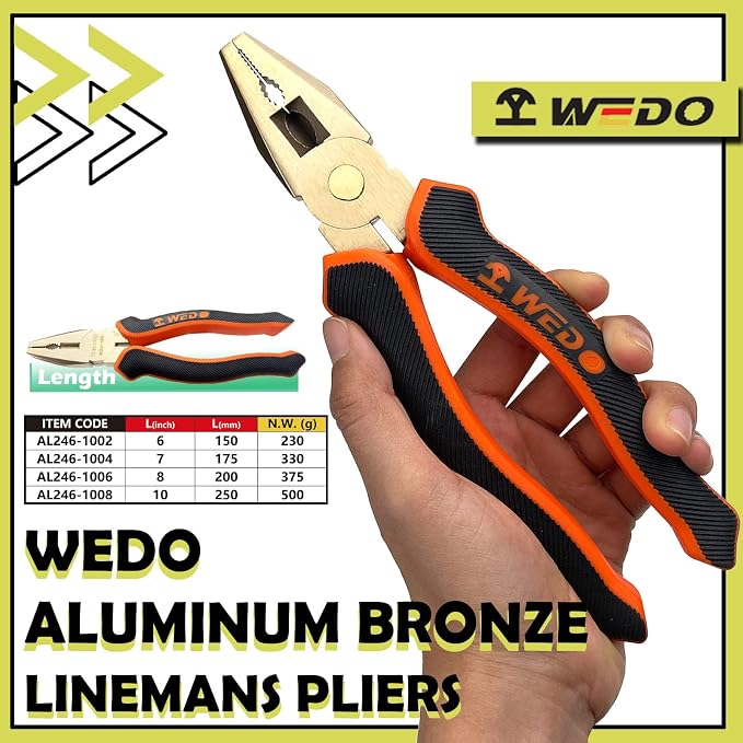 WEDO Non-Sparking Lineman's Pliers 10", Spark-free Safety Side Cutter Linemans Pliers, Combination Pliers, Wire Stripper, Crimper, Cutter, DIN Standard, BAM & FM Certificate, Aluminum Bronze
