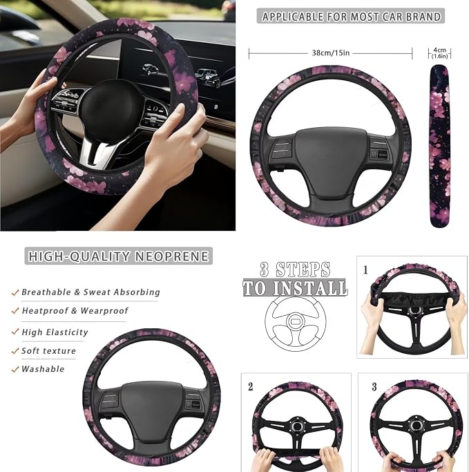 Cherry Blossoms Raven Car Seat Covers Full Set for Women Cute Car Accessories Interior Car Steering Wheel Cover Seatbelt Covers Trash Bin Rear View Mirror Cover Cup Holders Keychain
