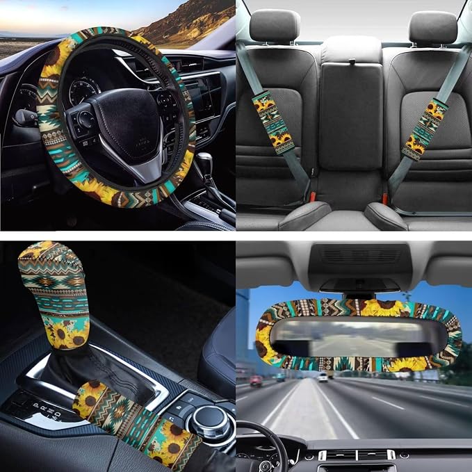 Southwestern Aztec Sunflower Auto Seat Covers Full Set,Anti Slip Cup Mat,Auto Steering Wheel Covers Sunflowers Keychains,Vehicle Interior Mirror Covers,Handbreak Gear Shift Cover for Cars