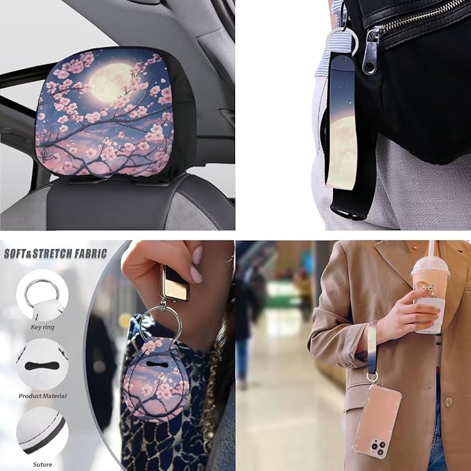Cherry Blossom 13 Pcs Pattern Car Seat Covers Classical Pink Cherry Blossom Set Steering Wheel Cover Cup Coasters Moon Aesthetics Trucks Sedan SUV Cover Armrest Cushion Pad