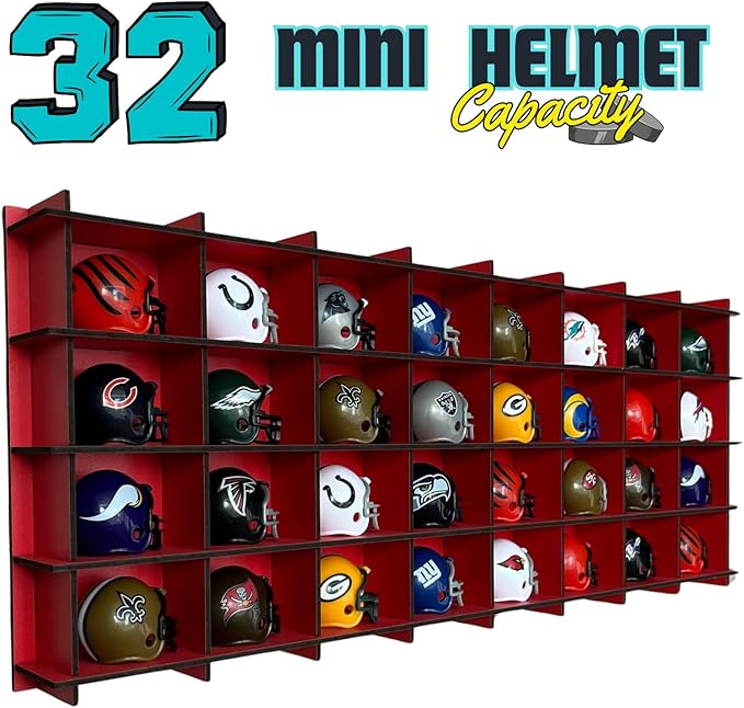 32 / 6 Color Mini Helmet Display Case, Wall Mount Mini Football Helmets,Football Helmet Display Case,Mini Football Helmet (RED)