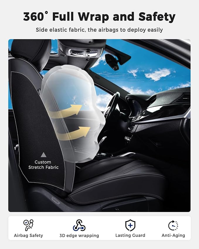 Huidasource Front Seat Covers, Luxury Faux Leather Front Car Seat Cover, Compatible with Airbags, Seatbelt Buckles, Perforation, Cooling＆Heating, Universal Fit for Most Cars, Vans, Trucks, SUVs, Black