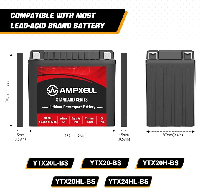 YTX20L-BS Lithium Motorcycle Battery, 12V 12Ah 720 CCA 4.8 lbs Lightweight, Powersports Replacement for ATV UTV Scooter Generator