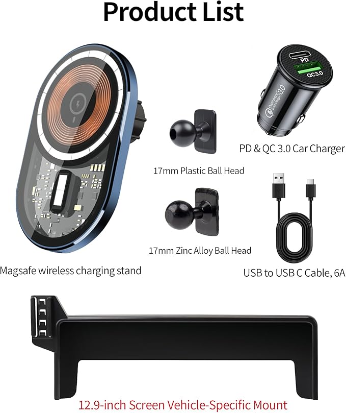 Wireless Charging Car Phone Holder for Volkswagen ID.4 2024-2026 / ID.Buzz 2025-2026, 12.9" Screen Fixed Clip, 360° Rotation Car Phone Mount Compatible with MagSafe