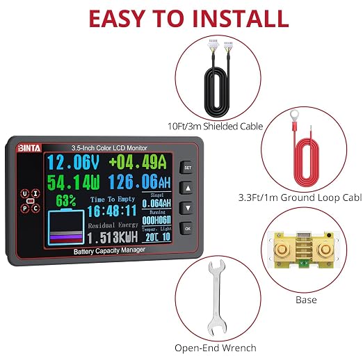 BINTA 500A Battery Monitor with Shunt, 8-100V 3.5 Inch Color Screen for LiFePO4 Lithium Gel Flooded Batteries, High Low Voltage Alarm Backlight for Car RV Golf Cart Solar Panel Boat