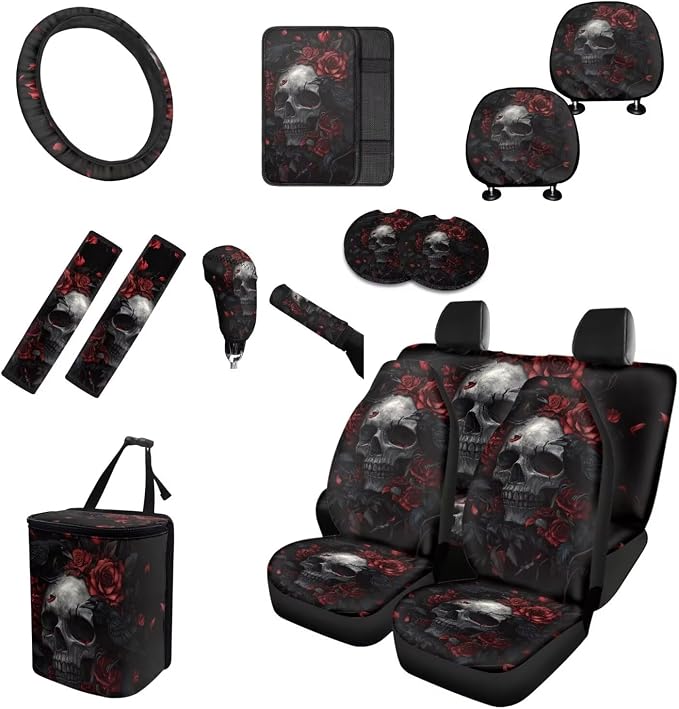 Black Red Skull Rose Car Seat Covers Full Set 15 Pcs Universal Car Accessories Steering Wheel Cover Seat Belt Pads Garbage Bag Car Headrest Pillow Covers Armrest Pad