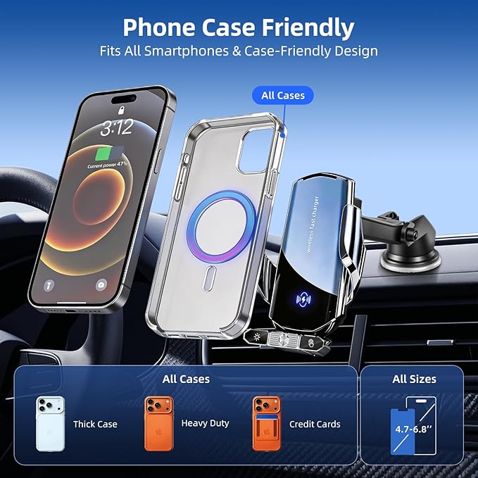 Car Phone Holder,Car Mount Charger,15W Wireless Charging & 10W Magnetic Charging(3 Connectors),Auto-Clamping Hands Free,Suction Cup Mount for Windshield,Mirror & Screen,Car Accessories & Gift