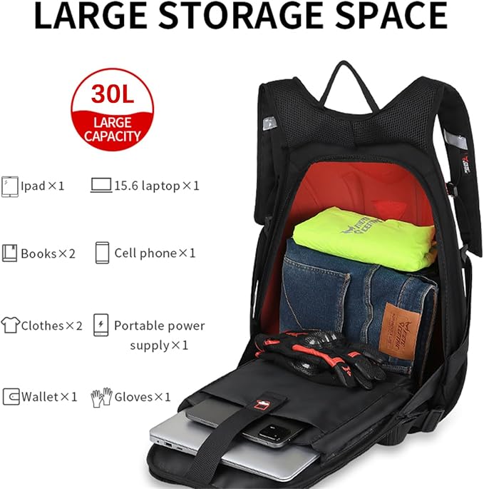 Motorcycle Backpack Waterproof Large Capacity Carbon Fiber Rider Backpack Hard Shell Reflective Motorbike Travel Suitcase Light Version (Red)