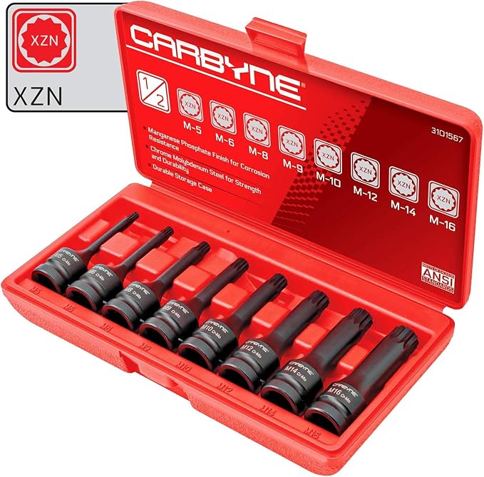 CARBYNE 8-Piece XZN Triple Square Impact Bit Socket Set, 12 Point, M5 to M16, 1/2 in. Drive, CrMo Steel, Manganese Phosphate Finish, for European Vehicles