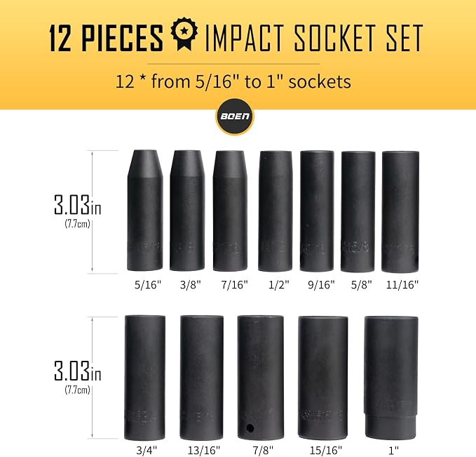 BOEN 32 Piece SAE and Metric 1/2 inch deep impact socket set, Black Phosphate Coating, 6 Point Design, Meets ANSI Standards