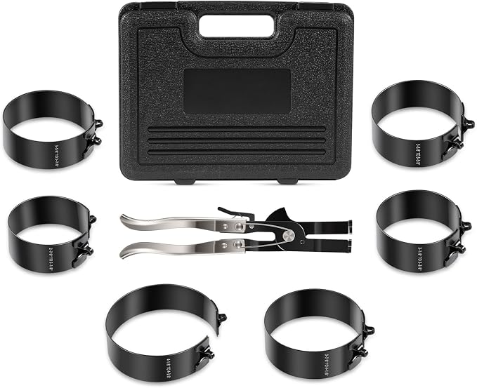 940387 Piston Ring Compressor Tool Set for Car Diesel Engines with Vehicle Maintenance Clamps, Ratchet Pliers and Storage Case, Piston Ring Band Sizes 2-7/8" to 4-3/8"