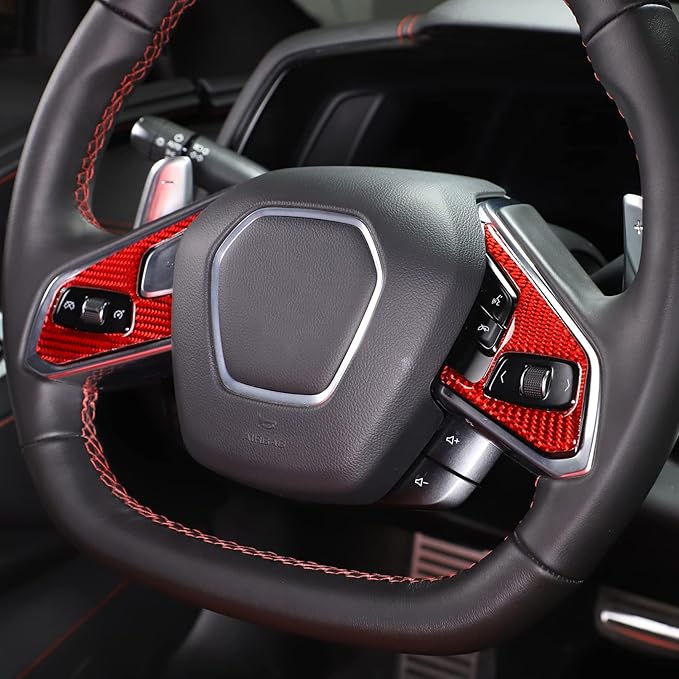 Steering Wheel Button Cover Compatible with Chevrolet Corvette C8 2020-2023, Steering Wheel Frame Trim, Car Steering Wheel Panel Protection Frame Molding Sticker (Red soft carbon fiber 3 holes)