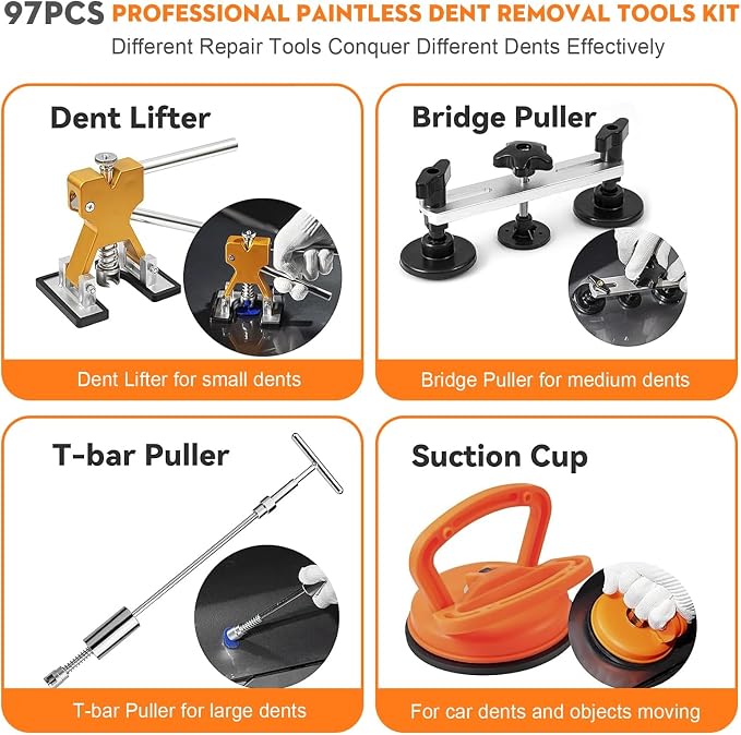 97pcs Dent Puller Kit, Paintless Dent Removal Kit for Dent Repair, Car Dent Repair Kit with Golden Lifter, Bridge Puller, Slide Hammer T-Bar, Car Dent Puller for Car Refrigerator Door Ding Repair 1 | Repair car dents