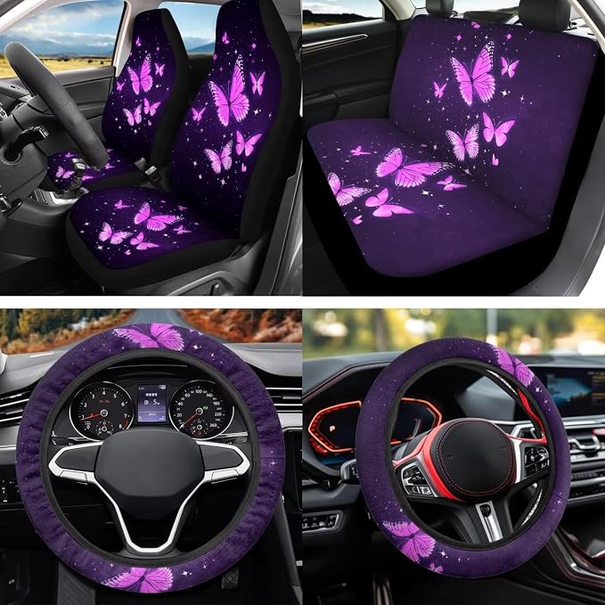 Purple Butterfly 12 Pack Car Seat Covers Full Set with Car Steering Wheel Cover Arm Rest Cover Auto Seat Belt Cover Cup Coasters and Keychain Holder Universal Fit Most Cars SUV