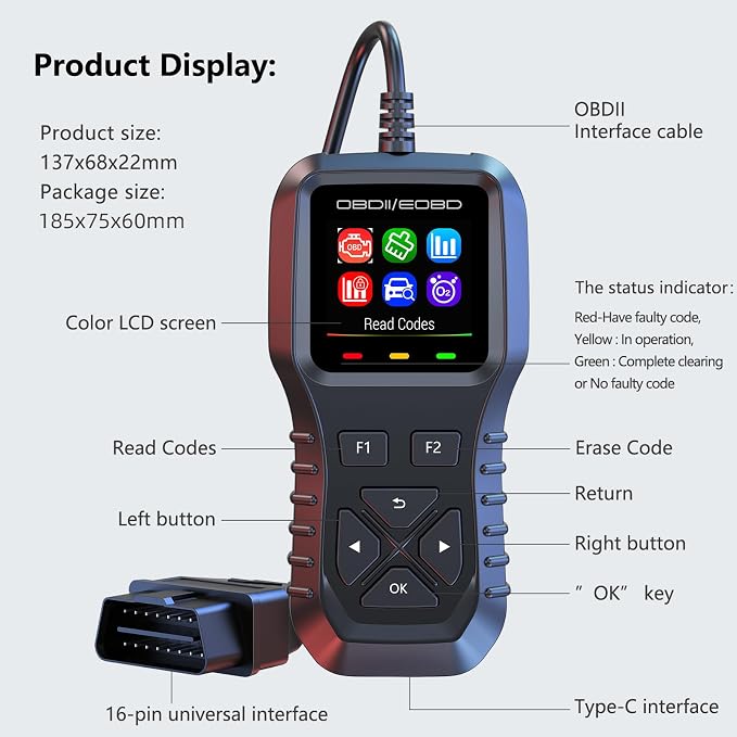 wiiyii K1 Car Check Engine Code Reader, Auto Code Reader, Car Scanner Diagnostic Tool to Real-Live Data, Freeze Frame with Colour Screen, Multilingual for All OBDII & EOBD Vehicles